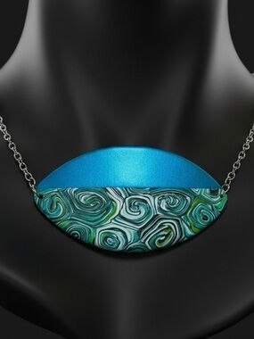 Handmade Large Bright Blue & Green Polymer Clay Pendant Necklace SS Cable Chain